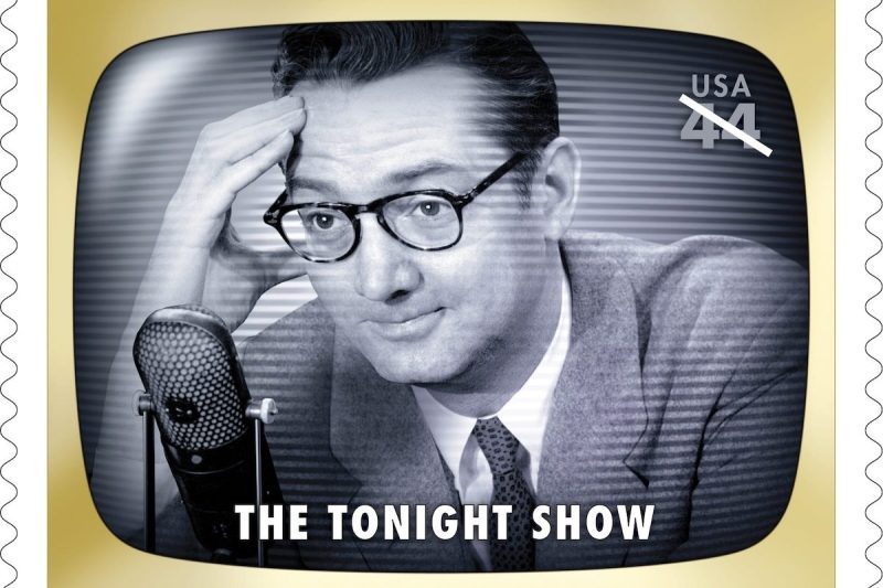black and white photo of Steve Allen and the words "The Tonight Show" on a postage stamp