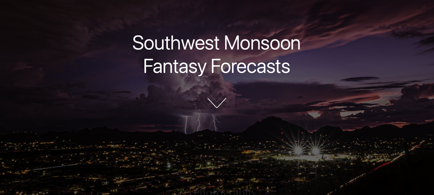 text that says Southwest Monsoon Fantasy Forecasts with a background image of a storm over a city