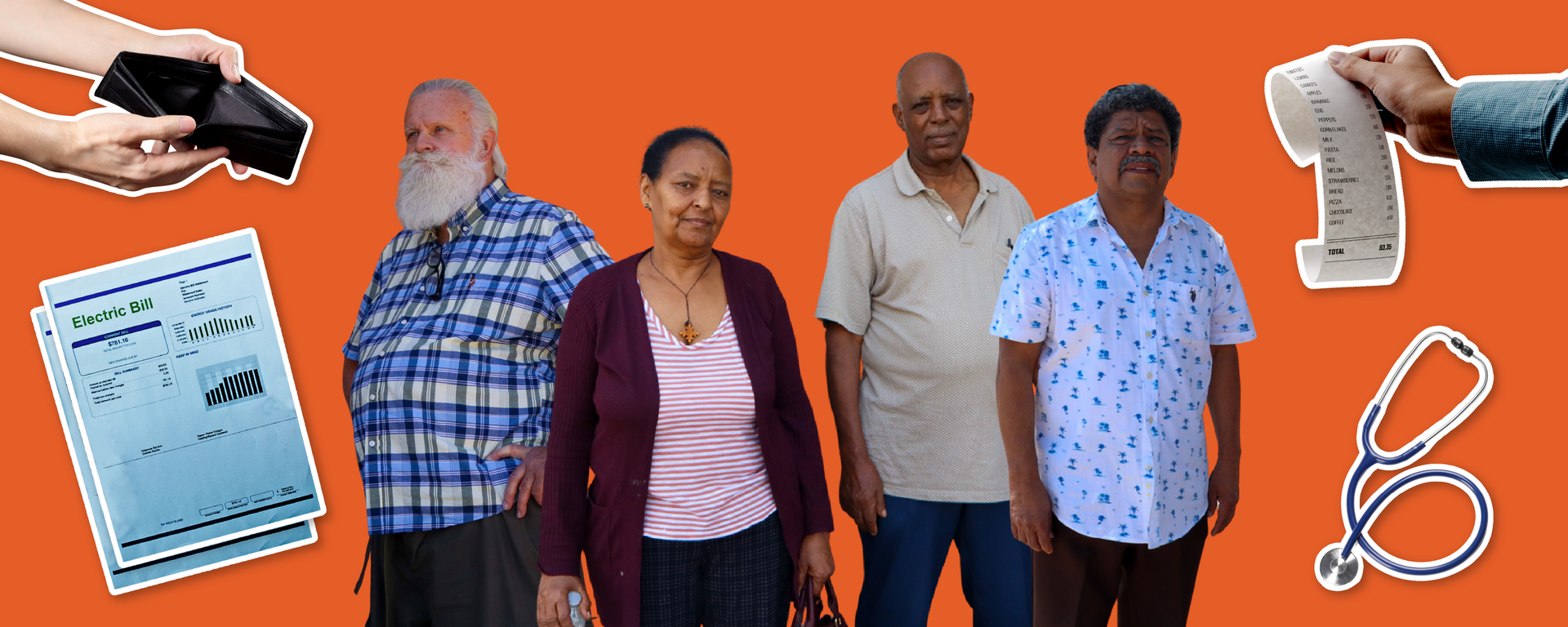 a graphic showing four senior age adults and images of an empty wallet, bills, a receipt, and a stethoscope