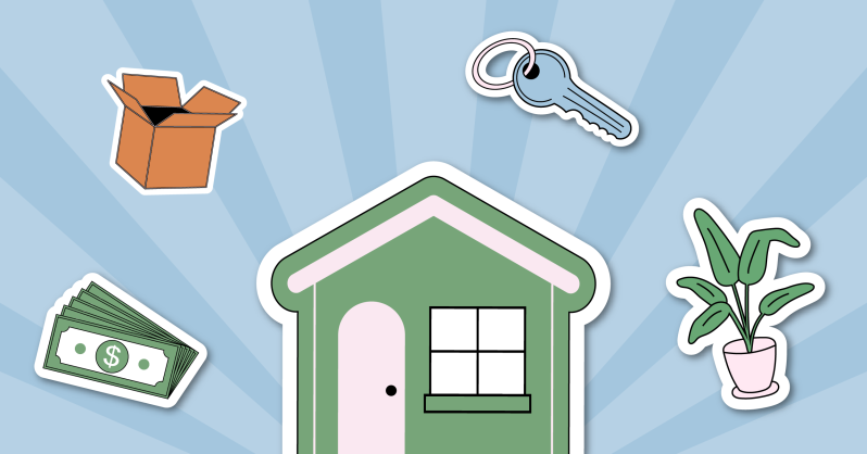 graphic with a house, key, money, box, and a plant
