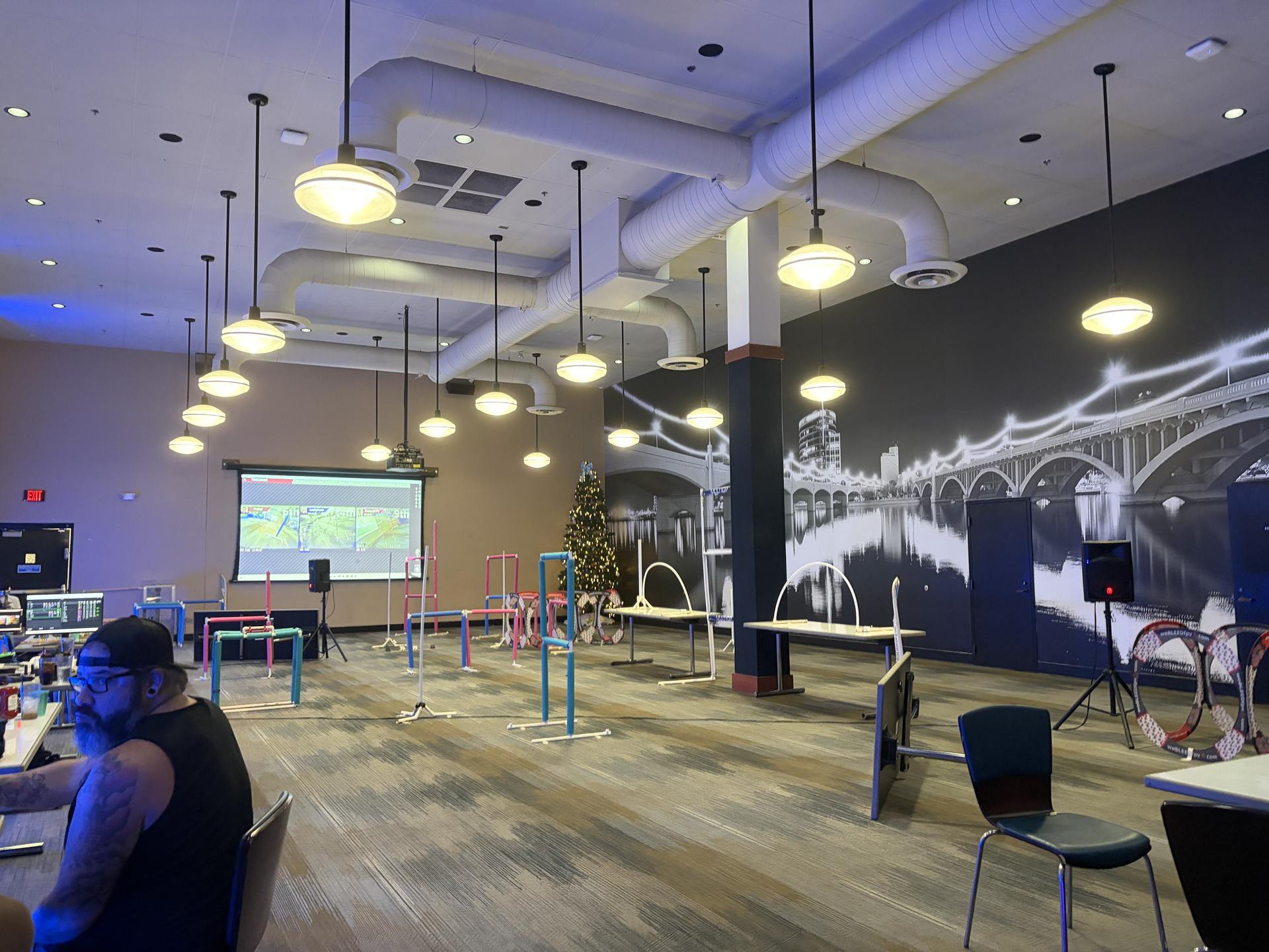 a room with an obstacle course in the center