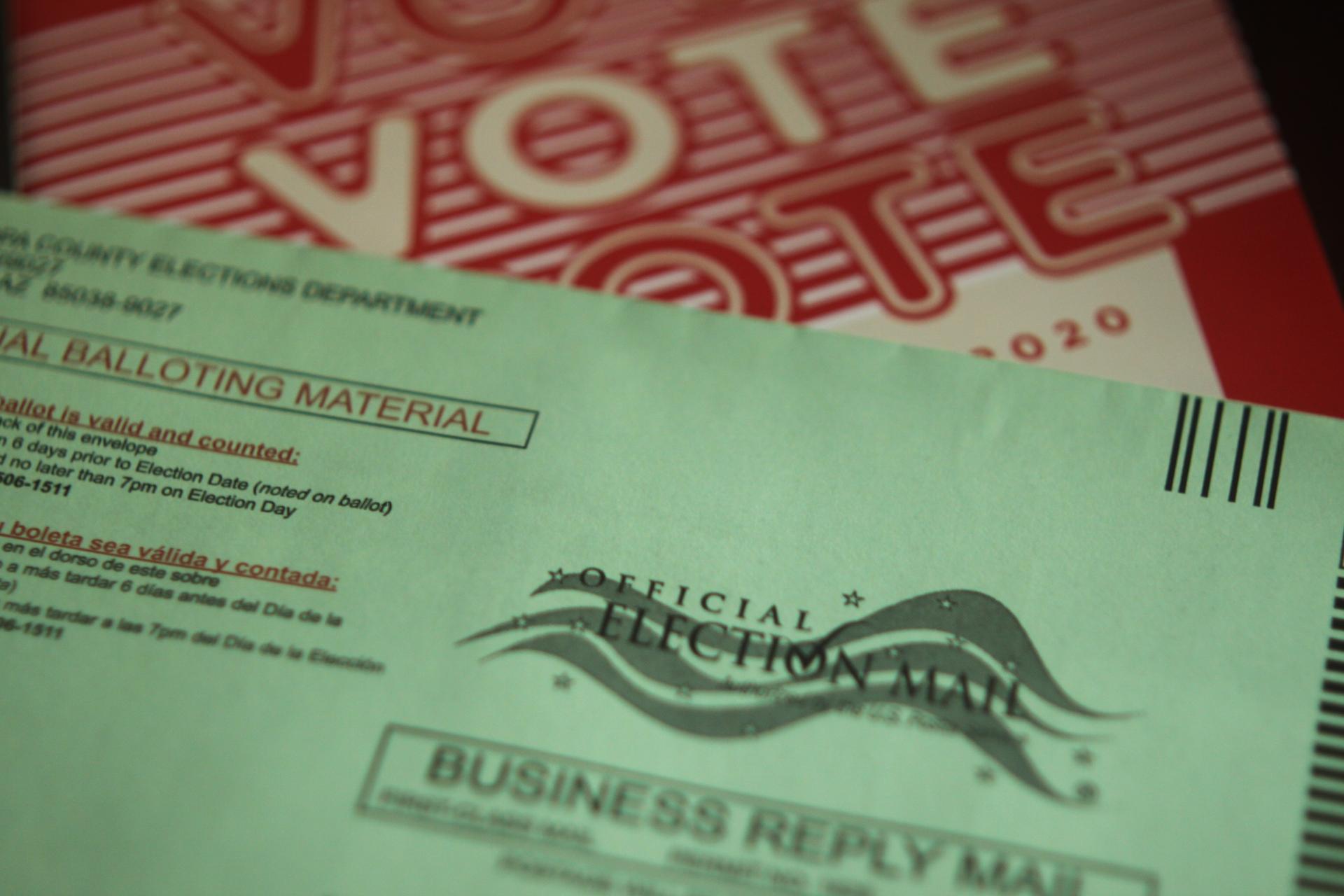 a close-up of a mail-in ballot envelope